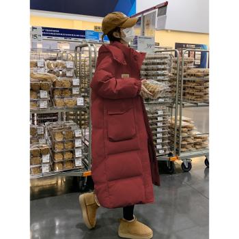 高階感炸街中長款中戲紅色羽絨服女加厚冬季新款保暖90白鴨絨外套