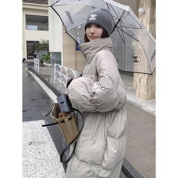淺灰色立領收腰羽絨服女2024冬季新款韓版加厚中長款90白鴨絨外套
