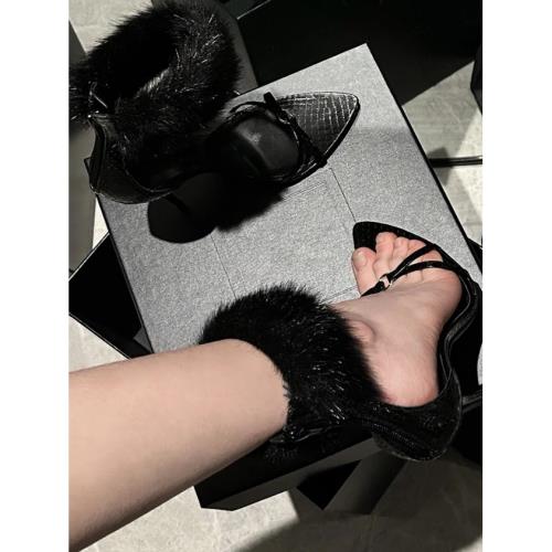 楊樹林高跟鞋女2026春夏新款尖頭細跟露趾貂毛性感環腳一字涼鞋女