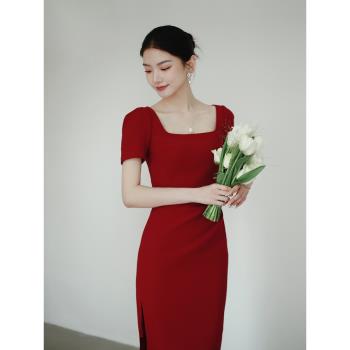 拜託鹿先生極簡長袖彈力訂婚回門宴酒紅敬酒服新年戰袍禮服連衣裙