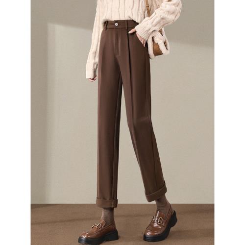 深咖色毛呢褲子女春秋2025新款高腰小個子休閑九分直筒煙管哈倫褲