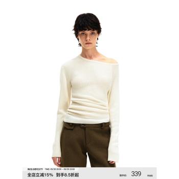 PUKI 100%純羊毛 慵懶感不規則斜肩顯瘦長袖毛織上衣
