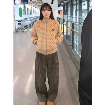 美式復古愛心羊羔毛棉服外套女冬季新款寬松加絨加厚保暖短款棉衣