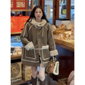 韓版拼接皮毛一體中長款加絨外套