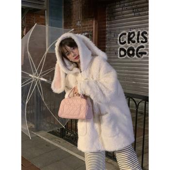 花豬商店 [兔神少女]牛角扣羊羔毛外套女甜美加絨加厚毛絨棉服