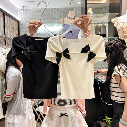 十三行夏季設計感方領套頭蝴蝶結短袖顯瘦薄款杏色針織衫上衣女