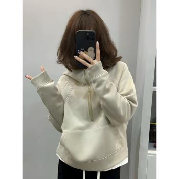 美式半拉鏈連帽衛衣女春秋新款今年流行加絨高階感小個子上衣外套