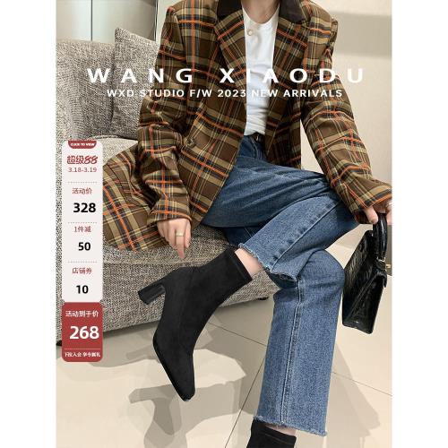 【王小毒】神奇魔法●方頭粗高跟瘦瘦靴女絨面復古彈力靴氣質短靴