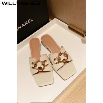 WILLWISHES 王玎設計拖鞋女2025春夏新款粗跟外穿涼拖女平底涼鞋