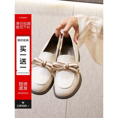 傲麥中跟單鞋女2023新款韓版蝴蝶結仙女鞋粗跟小皮鞋一腳蹬樂福鞋