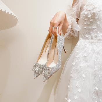 水晶秀禾結婚鞋女法式宴會訂婚紗宴會新娘鞋伴娘禮服亮片細高跟鞋