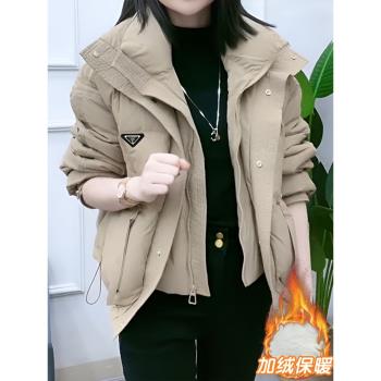 加絨加厚時尚假兩件麵包服冬裝新款羽絨棉服小個子保暖短外套女士
