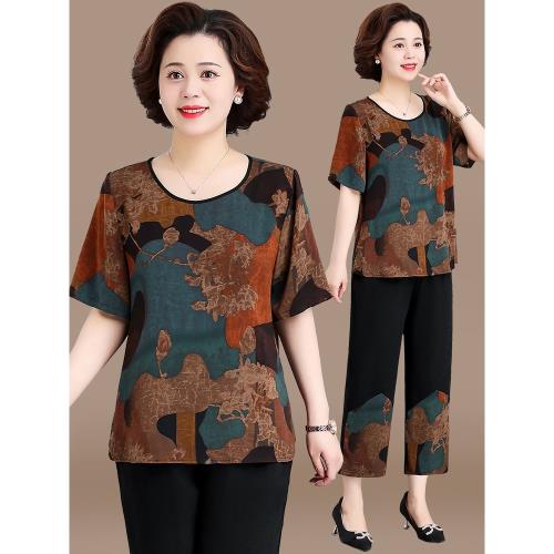 中年媽媽夏裝套裝2025新款洋氣短袖上衣中老年女裝夏季香云紗小衫