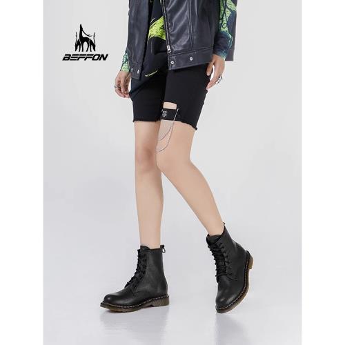 BEFFON北風新款秋冬新荔枝紋黑色馬丁靴女側拉鏈款真皮機車靴顯瘦