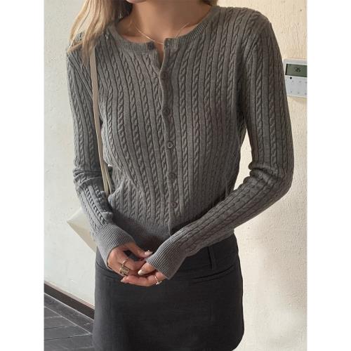 灰色麻花圓領針織開衫女內搭秋季溫柔修身顯瘦長袖軟糯打底衫上衣