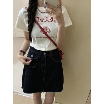 愛麗緹2024年夏季新款美式復古百搭ins玫瑰印花圓領短袖T恤上衣女