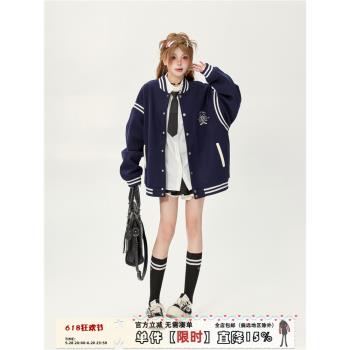 學院風藏青色拼接毛呢夾克棒球服