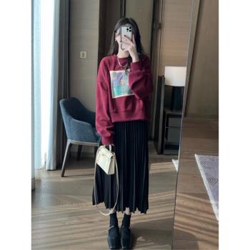 秋冬季大碼女裝印花紅色衛衣寬松加絨加厚套頭穿搭校園風上衣外套