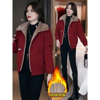網紅爆款加絨加厚棉服女2024冬季新款歐貨設計感束手毛領保暖棉襖