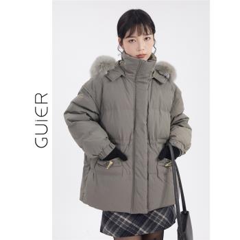 「GUIER」連帽羽絨服女冬季2024新款保暖白鴨絨寬松顯瘦毛領外套