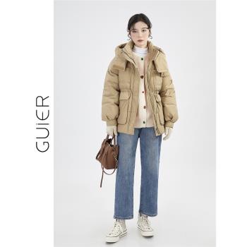 「GUIER」小個子羽絨服女冬2024新款保暖白鴨絨連帽抽繩收腰外套