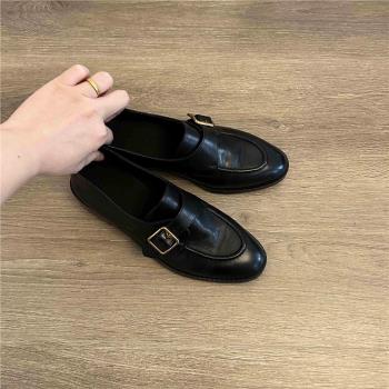 羊皮版！英倫粗跟小皮鞋女春秋皮帶扣手工通勤復古單鞋平底樂福鞋