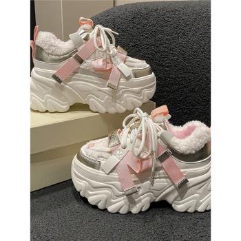 歐洲站增高8cm加絨老爹鞋女2023冬季新款鬆糕女鞋厚底休閑運動鞋