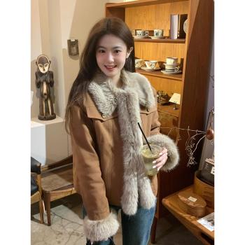 美拉德復古棕色毛茸茸外套女冬季2024新款高階感牛仔拼接毛毛上衣