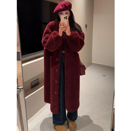 安可拉紅長款環保水貂毛百搭顯瘦羊剪絨冬季簡約皮毛一體皮草大衣