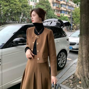 春季套裝女裝兩件套裙子通勤秋冬季毛呢成熟輕熟風氣質港風小香風