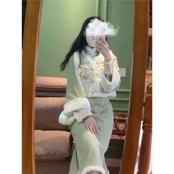 民國風復古改良旗袍帶馬甲套裝裙少女秋冬季毛絨感刺繡日常連衣裙