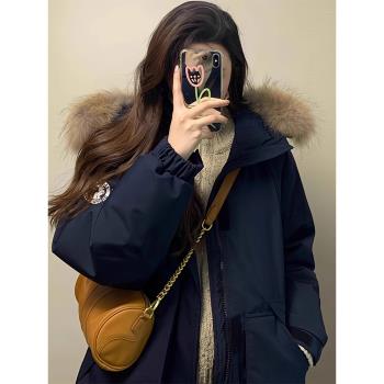 韓系羽絨棉服女冬季2024新款加厚高階感大毛領棉襖工裝派克服棉衣