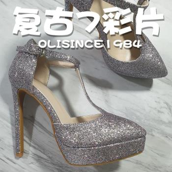 13CM粗跟彩色亮片包頭走秀涼鞋