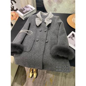 歐貨高階小香風羽絨服外套女冬季袖口可拆卸狐貍毛中長款呢子大衣