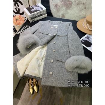 歐貨狐貍毛袖口小香風羽絨服外套女2024冬季雙排扣高階羊毛呢大衣