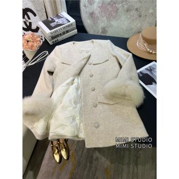 歐洲站輕奢皮草小香風羽絨服女2024冬季狐貍毛雙排扣羊毛呢子大衣