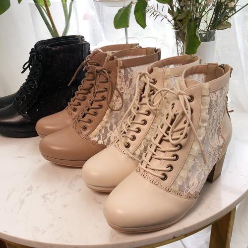 獨！日單AXE*鏤空網紗蕾絲洛麗塔少女復古粗跟高跟溫柔短靴LOLITA