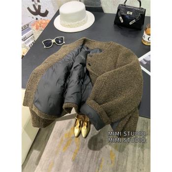 高階感慵懶羊捲毛小香風羽絨服女2024秋冬顯瘦繭形百搭毛呢厚外套