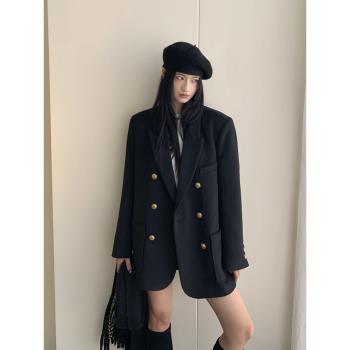 但你butyou黑色毛呢西裝外套女新款高階氣質復古寬松羊毛西服大衣