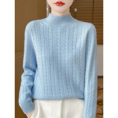 恒源祥羊毛衫女100%純羊毛半高領毛衣秋冬麻花內搭寬松針織打底衫