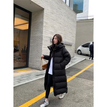 alex stevens黑色連帽長款羽絨服女冬季加厚保暖大棉被白鴨絨外套