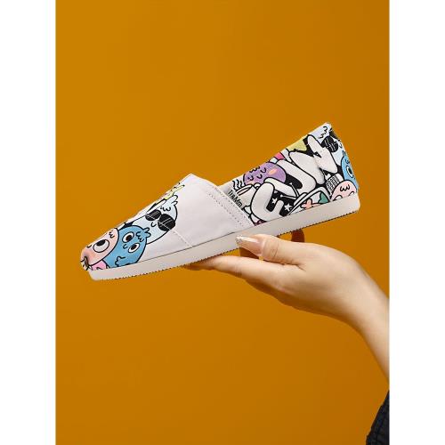 Tt&Mm/湯姆斯涂鴉小白鞋夏季一腳蹬懶人帆布鞋女低幫學生套腳布鞋