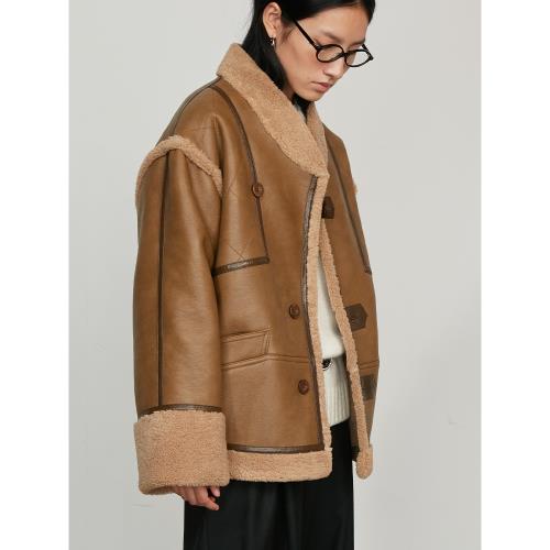 ROHEME環保皮草外套女秋冬季高級感設計復古黑色棕色皮毛一體夾克