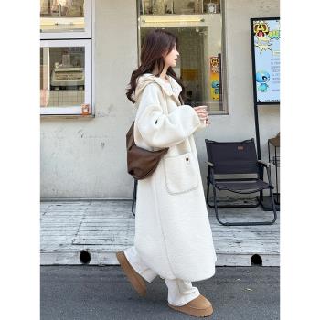 韓系皮毛一體羊羔毛外套女2024年秋冬季新款加厚長款毛毛大衣棉服