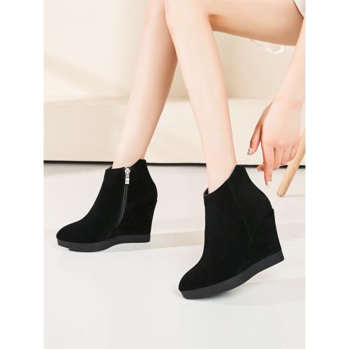 坡跟牛皮翻毛超高跟短靴尖頭磨砂皮防水臺女鞋秋冬女真皮裸靴新款