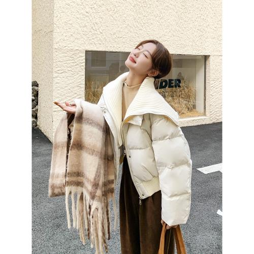 米白色設計感針織翻領外套女2025年冬季新款韓版時尚氣質短款棉服