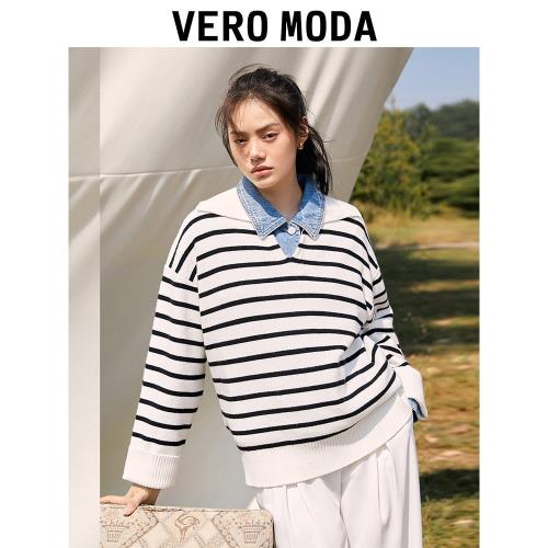 [新]綾致VeroModa針織衫女2024秋冬休閑百搭寬松條紋翻領長袖