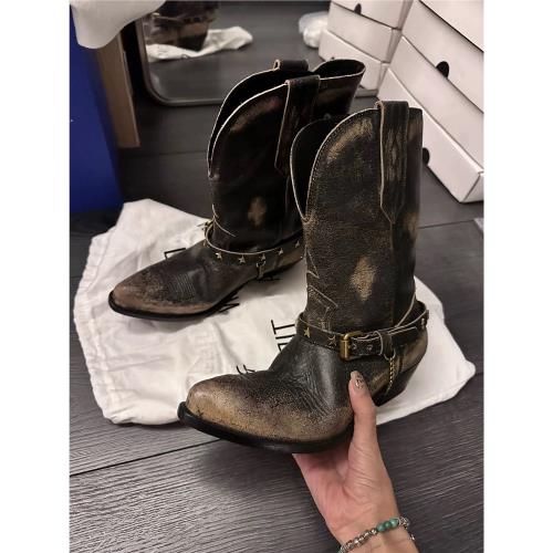 擦色做舊牛仔靴女尖頭粗跟西部靴套筒V口皮帶裝飾短靴臟臟短筒靴