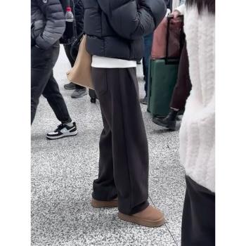 灰色加絨衛褲女冬季褲子大碼胖mm顯瘦秋冬款小個子休閑直筒運動褲