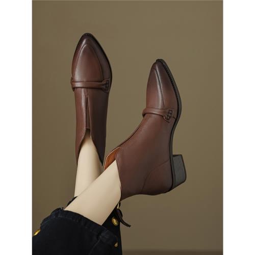 頭層牛皮~高級感擦色尖頭小短靴女軟皮軟底顯瘦粗跟切爾西靴裸靴